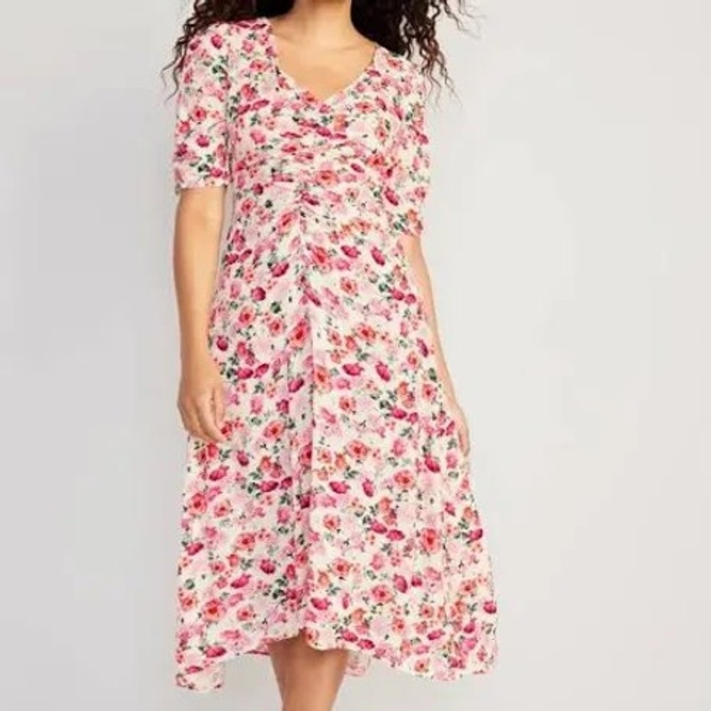 Old Navy NEW Midi Dress Pink Red Roses  Ruched Floral XL Wedding Event Coquette